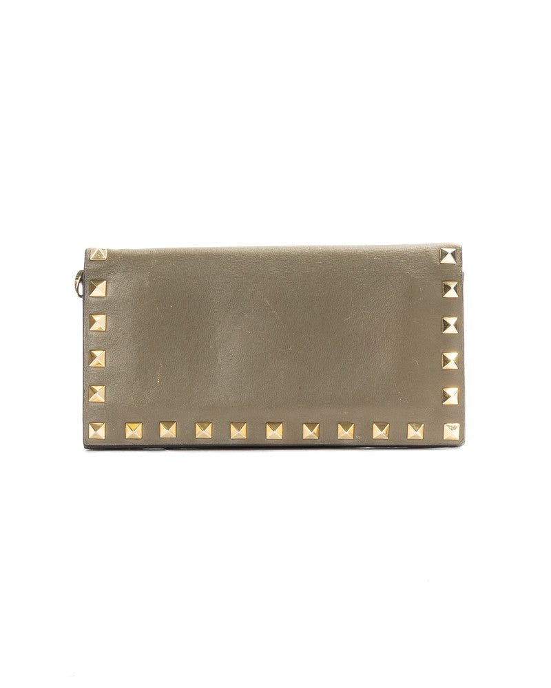 Valentino Military Green Smooth Leather Rockstud Wallet With Gold-Tone Studs