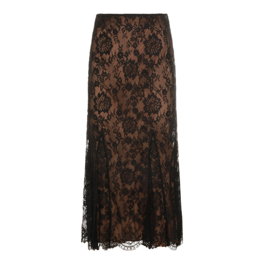Self-Portrait Sheer Black Floral Lace Midi Skirt With Scalloped Hem