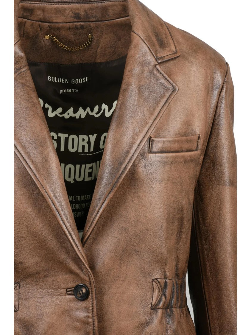 Golden Goose Opalette Elastic Leather Jacket With Tailored Silhouette And Vintage Finish