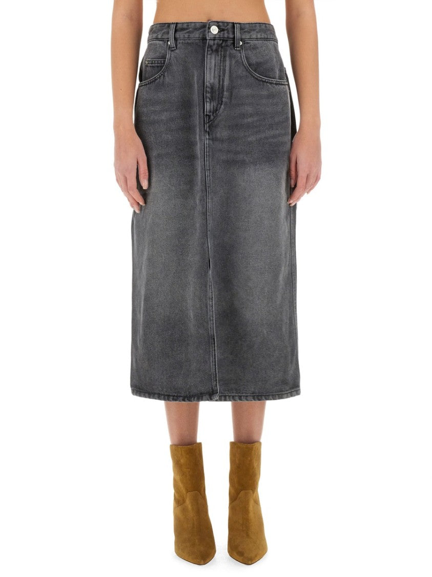 Isabel Marant A-Line Grey Midi Skirt With Faded Denim Look