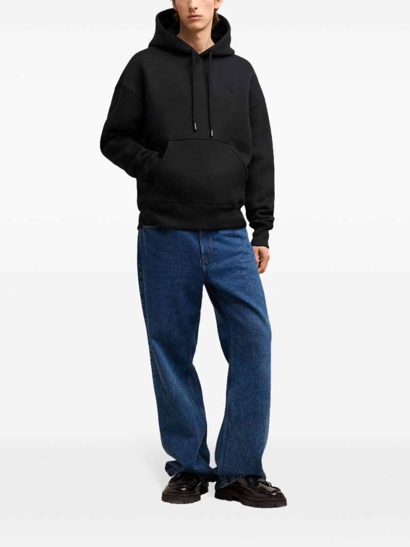 Ami Black Hoodie With Embroidered Logo And Kangaroo Pocket