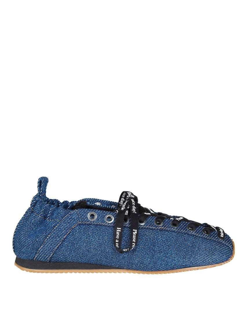 Ganni Denim Rounded Toe Lace Up Flats