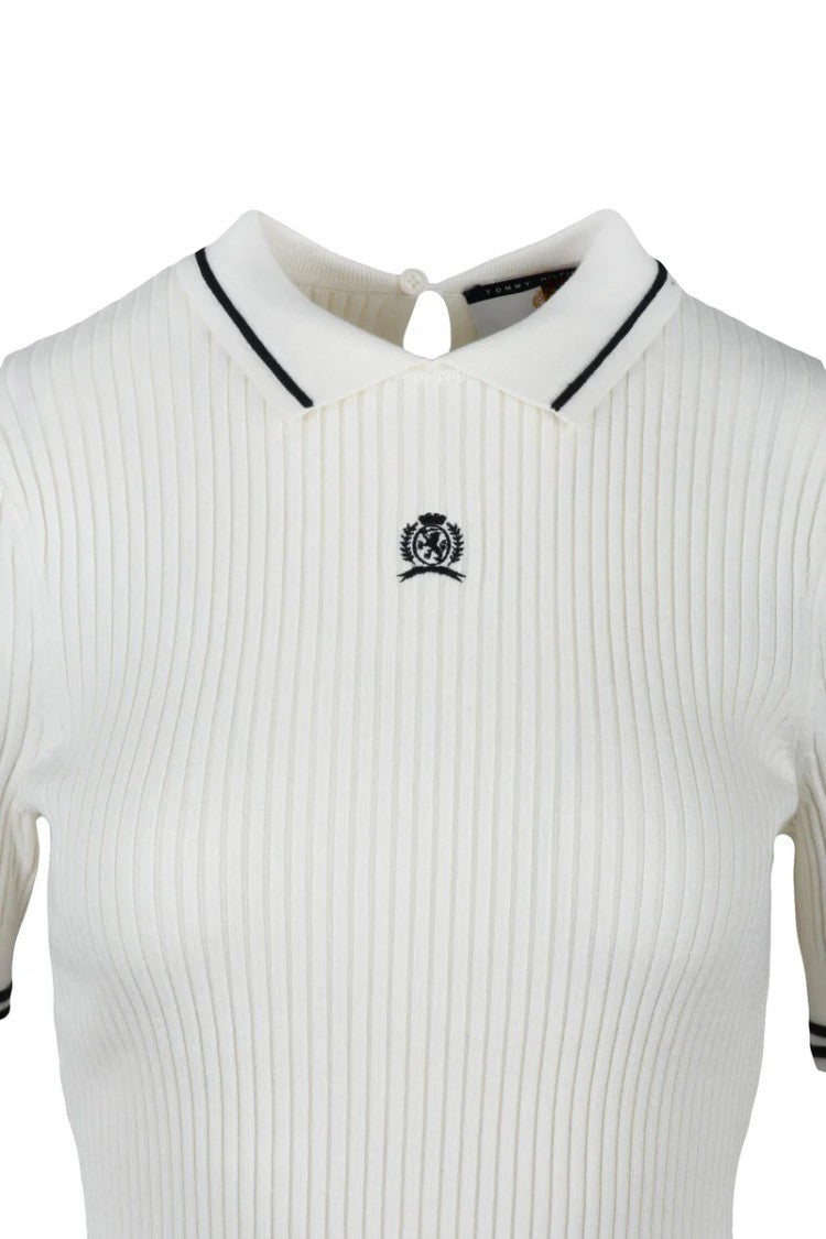 Tommy Hilfiger Beige Ribbed Knit Cotton Viscose Polyamide Silk Top