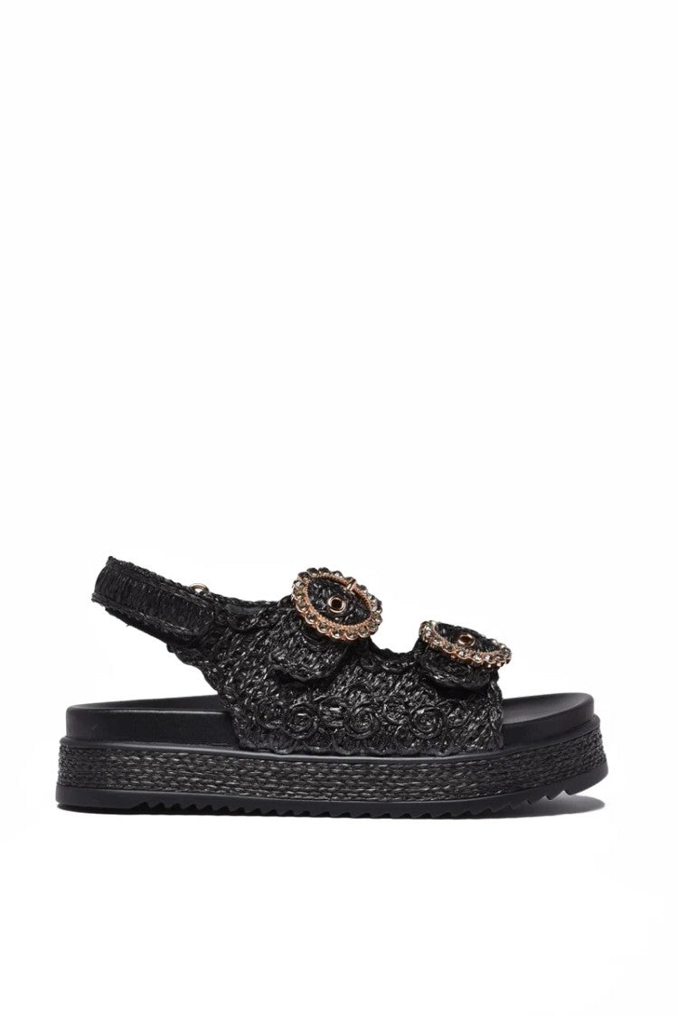Emanuélle Vee Black Raffia Rubber Sole Wedge Sandal