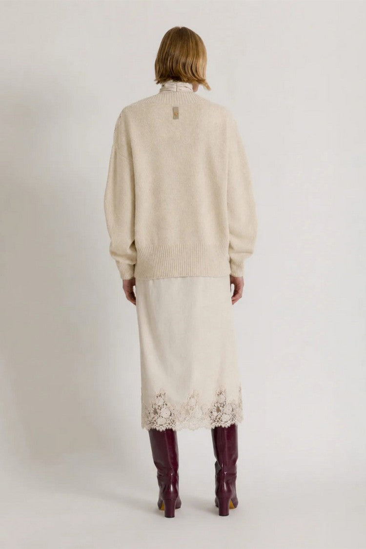 Alberta Ferretti Ivory Crochet Floral Trim V-Neck Cashmere-Blend Sweater