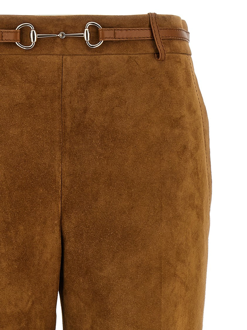 Gucci Brown Suede Pants With Leather Accents