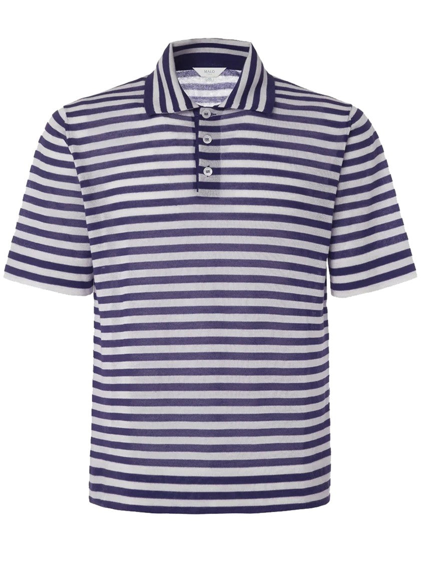Malo Blue Polo Short-Sleeved Striped Cashmere Polo