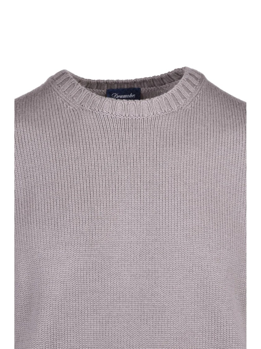 Drumohr Grey Ribbed Merino Wool Crewneck Sweater
