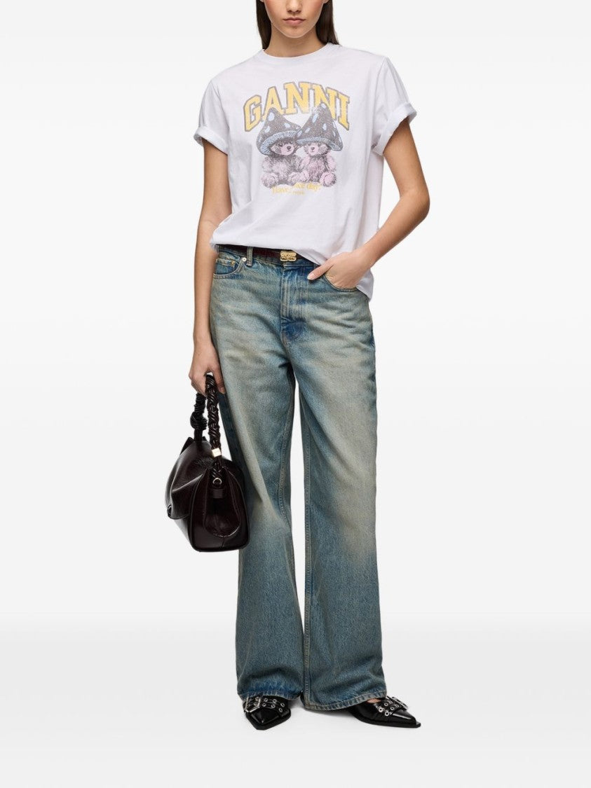 Ganni White Graphic Printed Cotton T-Shirt