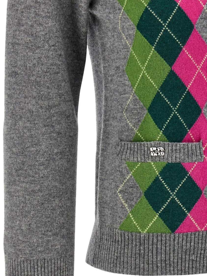 Ganni Multicolored Diamond Pattern Cardigan In Marine Wool