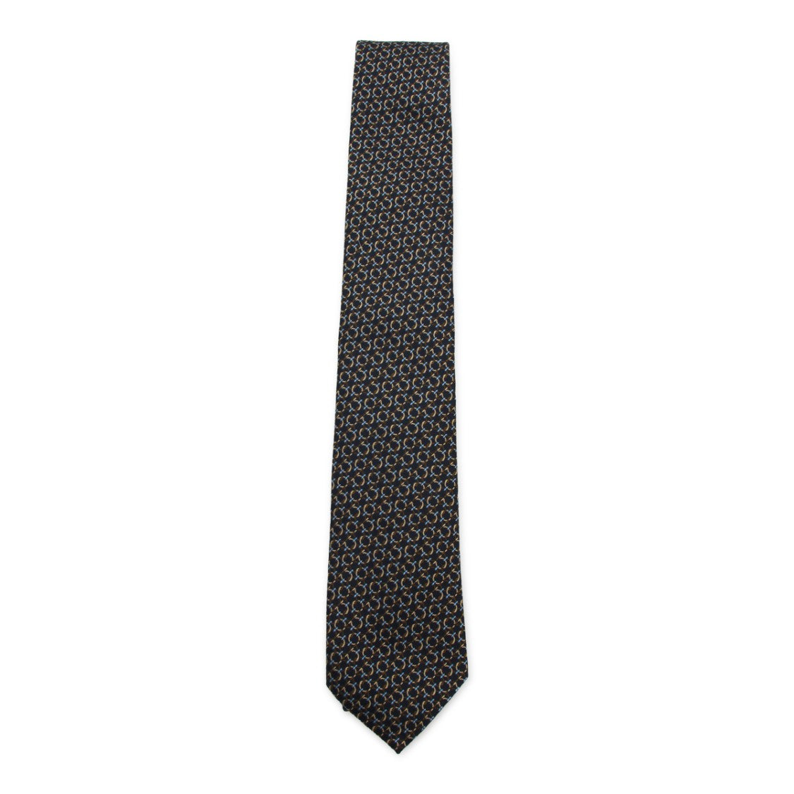 Ferragamo Navy Silk Tie With Intricate Geometric Print And Logo