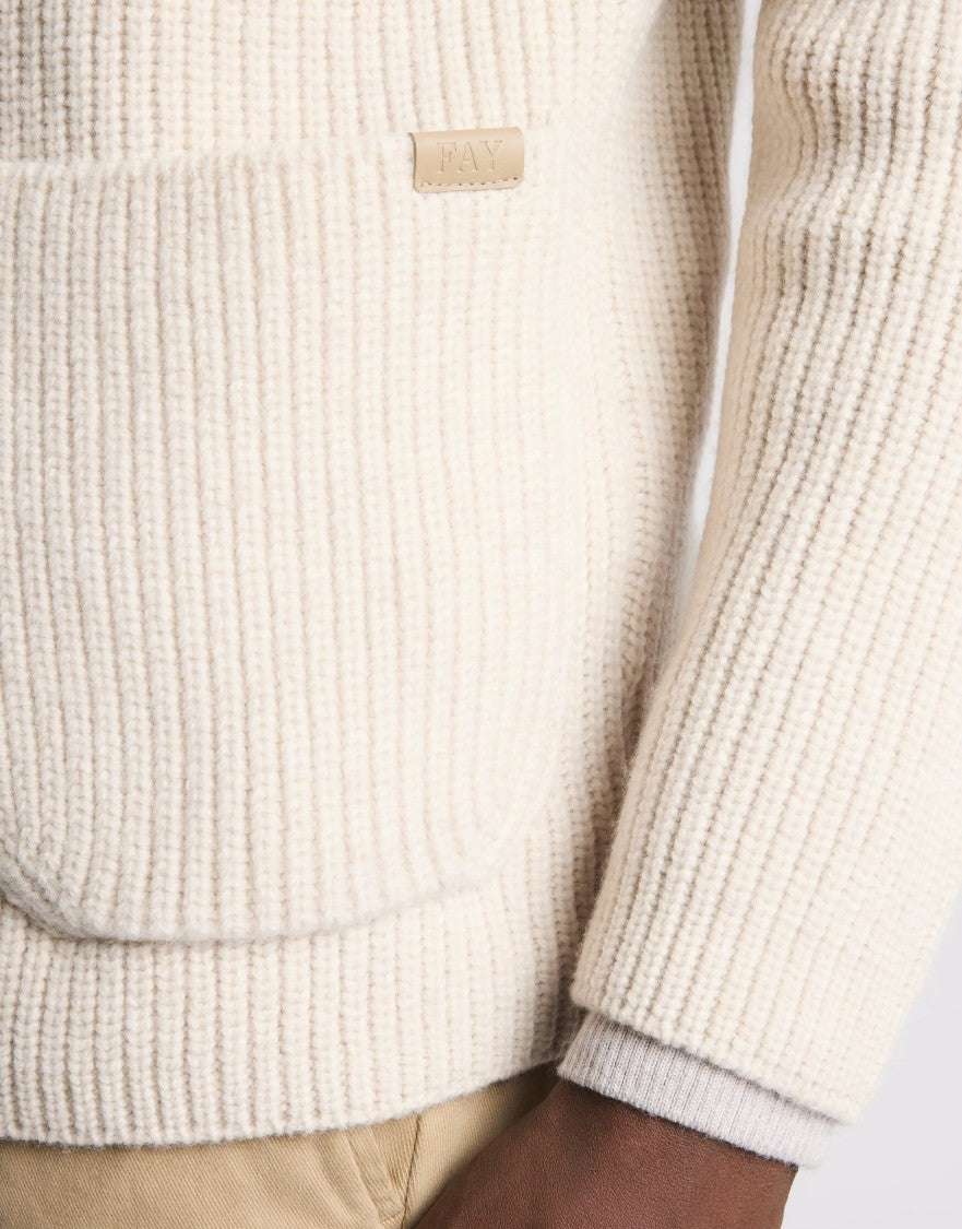 Fay Pearl Rib Knit F.7 Cardigan In White Wool
