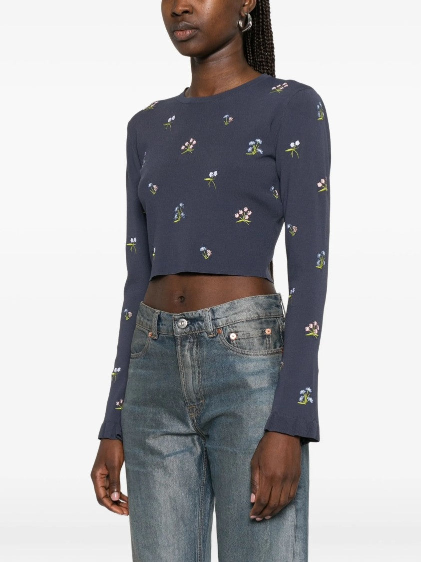 Blugirl Floral Embroidery Cropped Long-Sleeve T-Shirt