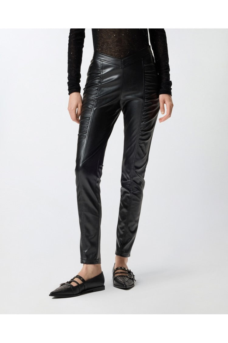 Pinko Black V-Waistband Ruched Hip Panel Faux Leather Leggings