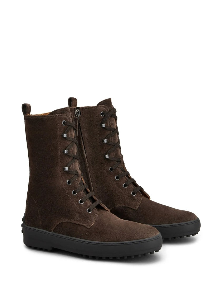 Tod's High-Top Lace-Up Brown Suede Boots With Pebbled Sole