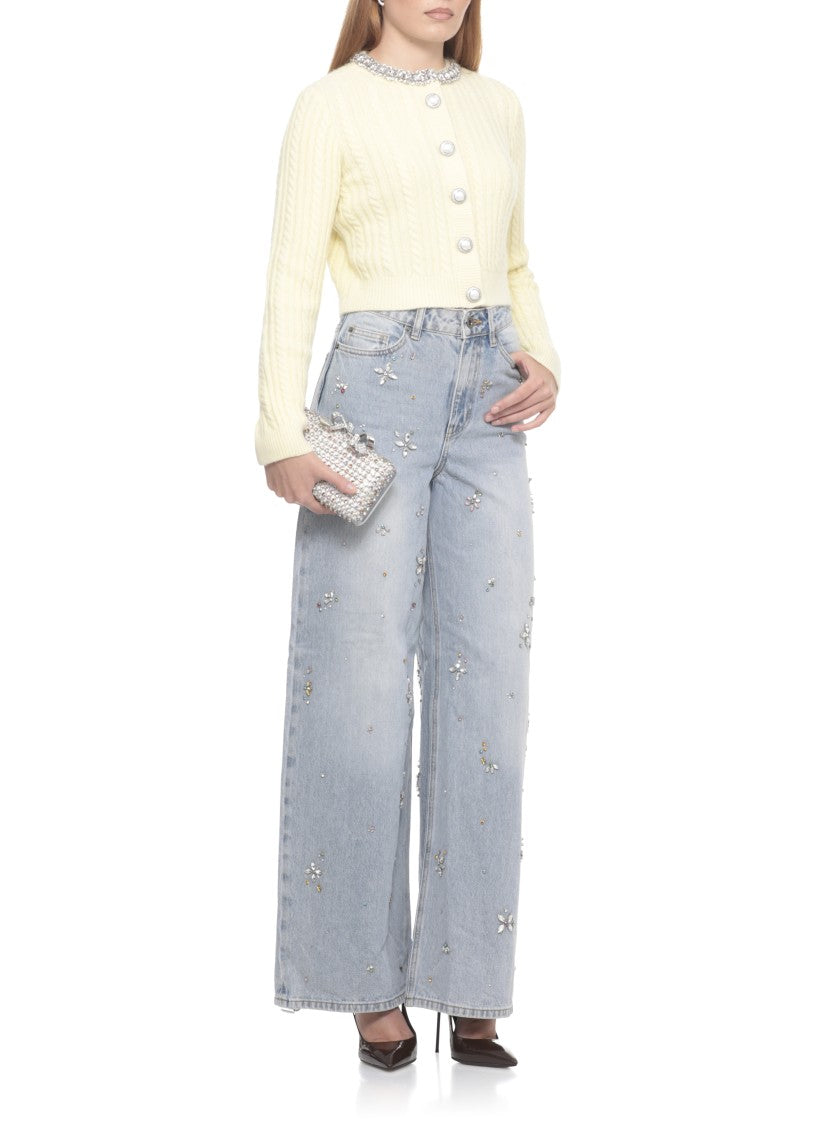 Self-Portrait Cropped Yellow Alpaca Cardigan With Rhinestone Embellishments