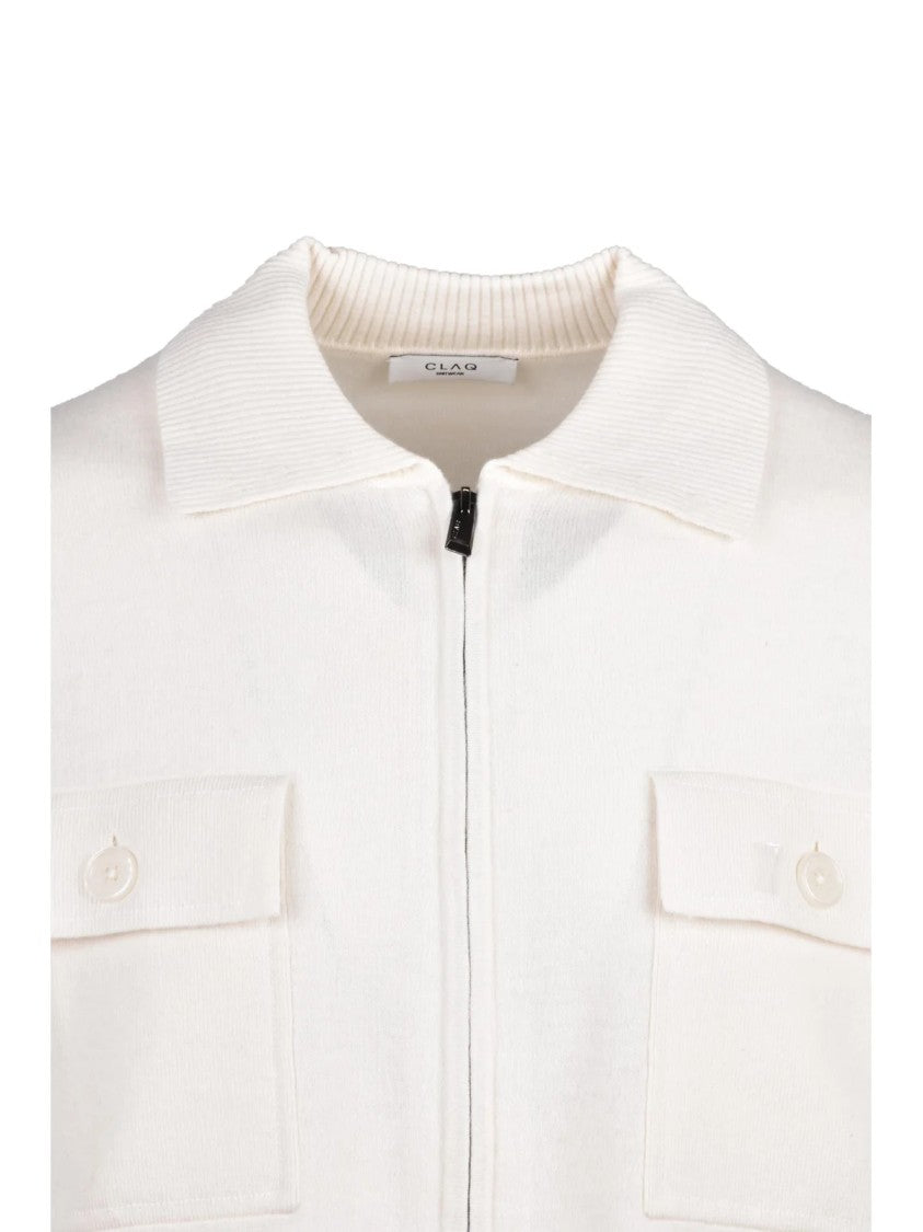 Claq White Supergeelong Merino Wool Zip Polo Cardigan