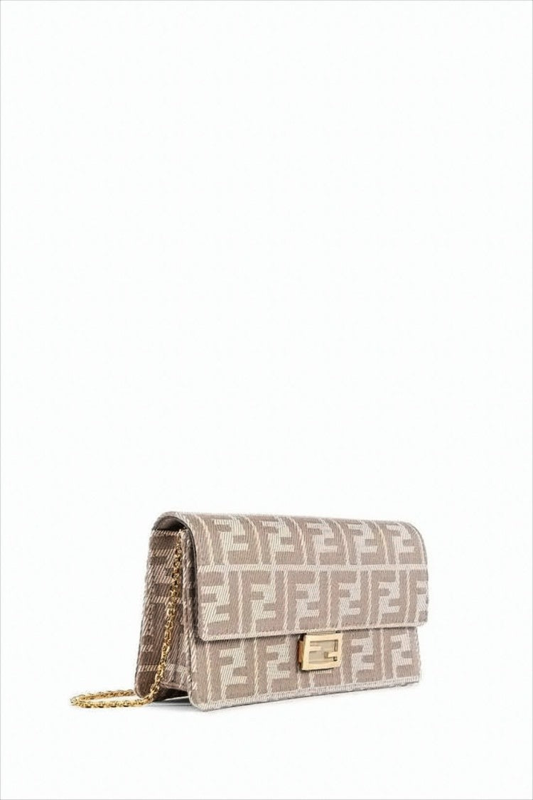 Fendi Monogrammed Textured Shoulder Bag With Gold-Tone Clasp And Chain Strap