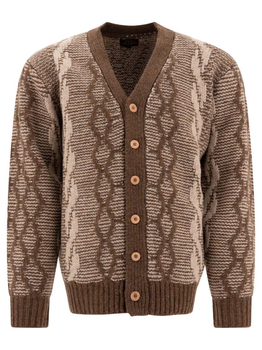 Beams Plus Textured Cable Knit Cardigan With V-Neckline