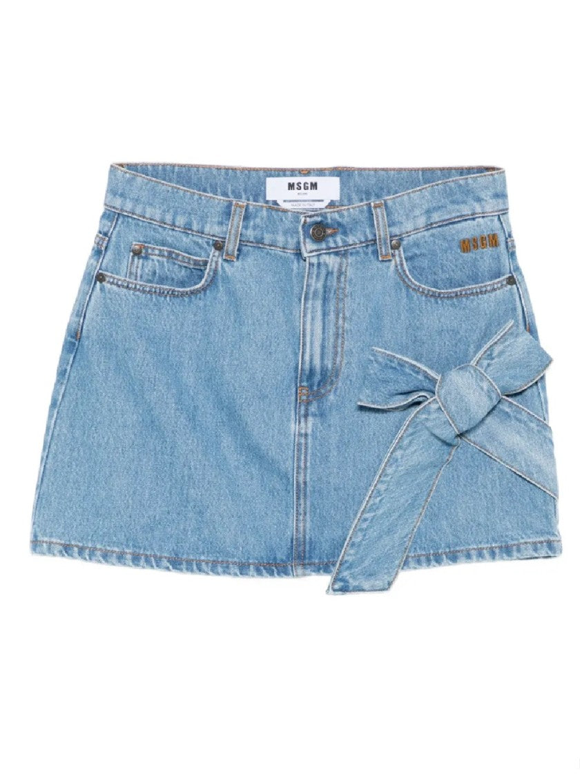 Msgm Light Blue High-Waisted Mini Denim Skirt With Bow Detail