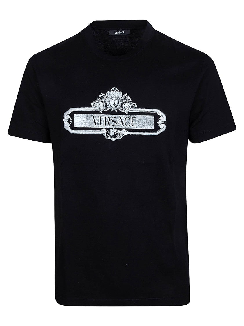 Versace Short-Sleeve Black T-Shirt With Ornate Silver Graphics