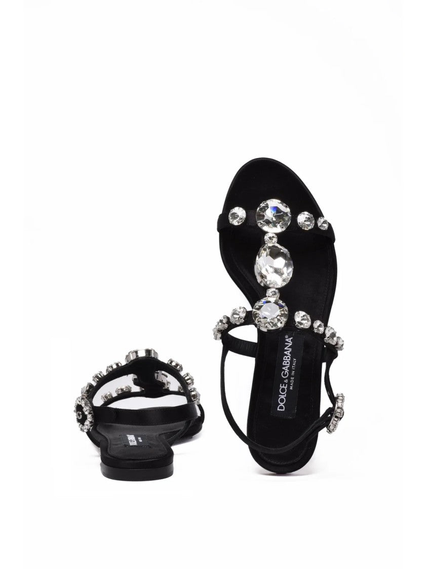 Dolce & Gabbana Black Satin Crystal Sandals