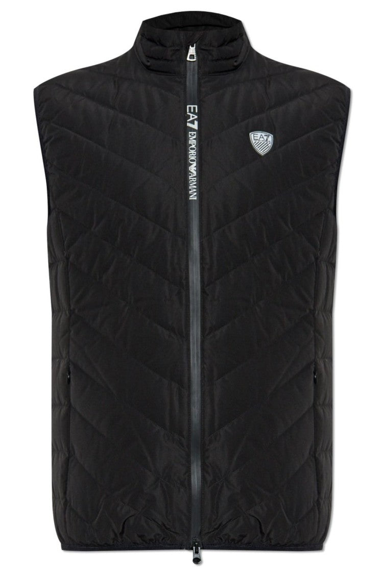 Ea7 Emporio Armani Quilted Black Down Waistcoat With High Collar