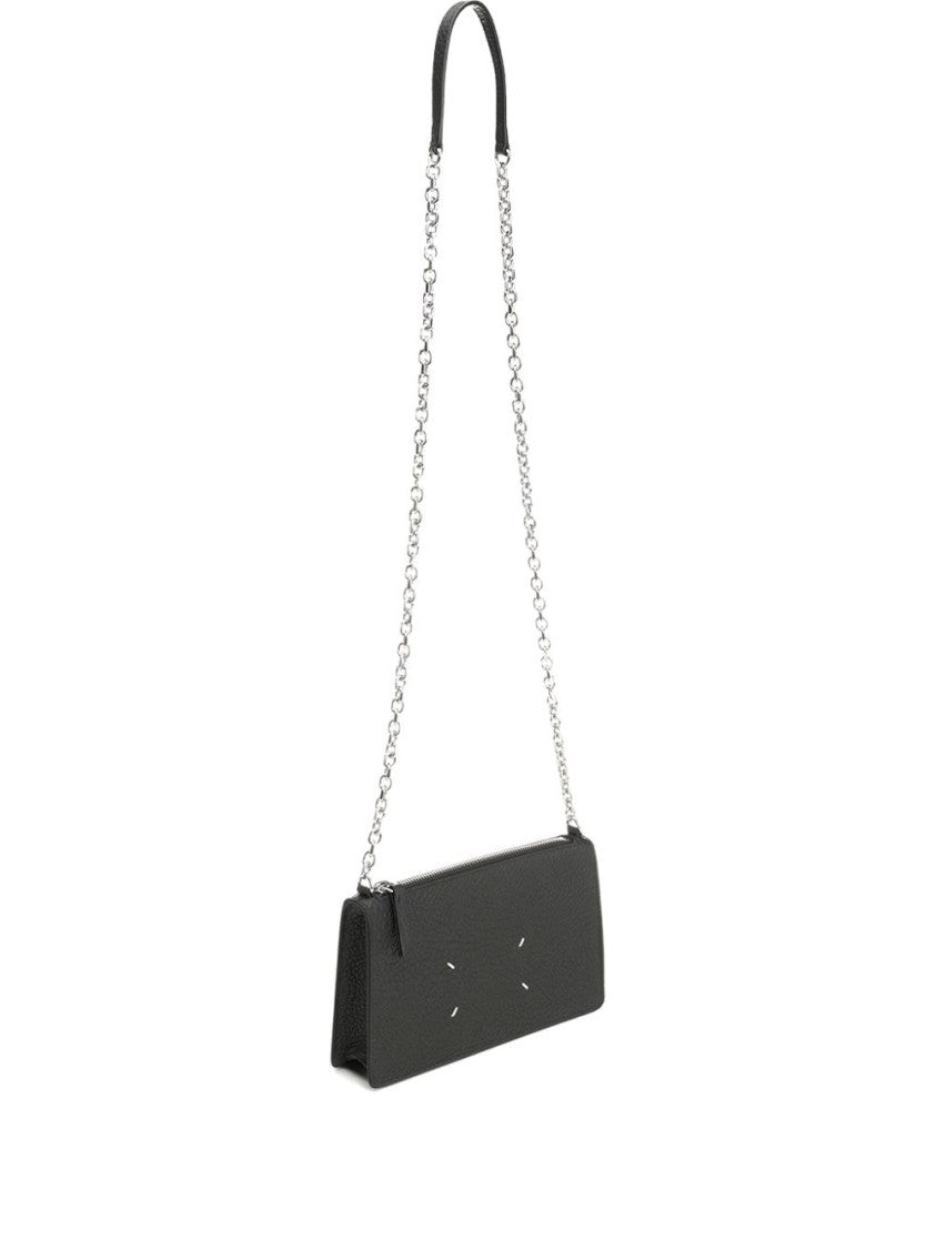 Maison Margiela Textured Black Wallet With Silver Chain And Unique Stitching
