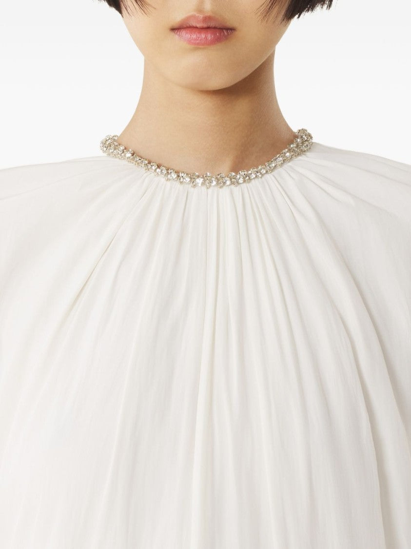 Lanvin White Embellished Collar Gathered Sleeveless Dress