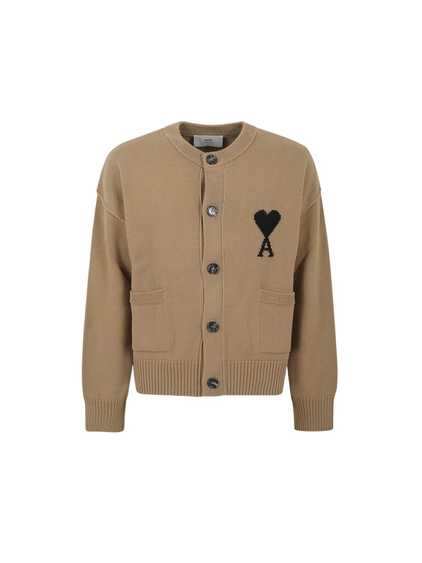 Ami Paris Brown Wool Cardigan With Embroidered Heart Detail