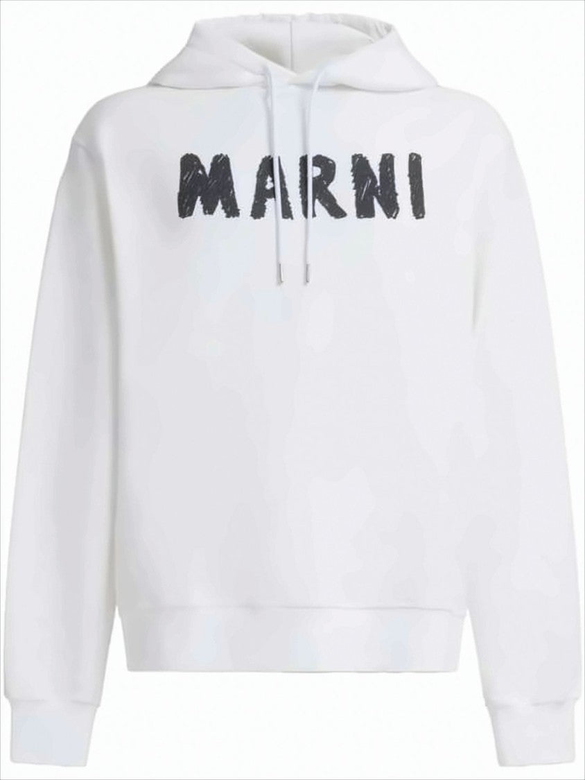 Marni Relaxed Fit White Cotton Hoodie With Textured Logo Print