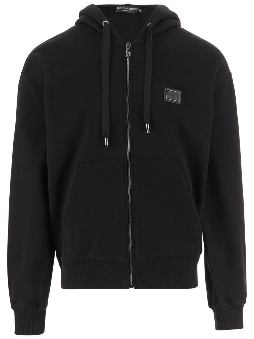 Dolce & Gabbana Cotton Hooded Sweatshirt With Front Zipper And Logo Patch