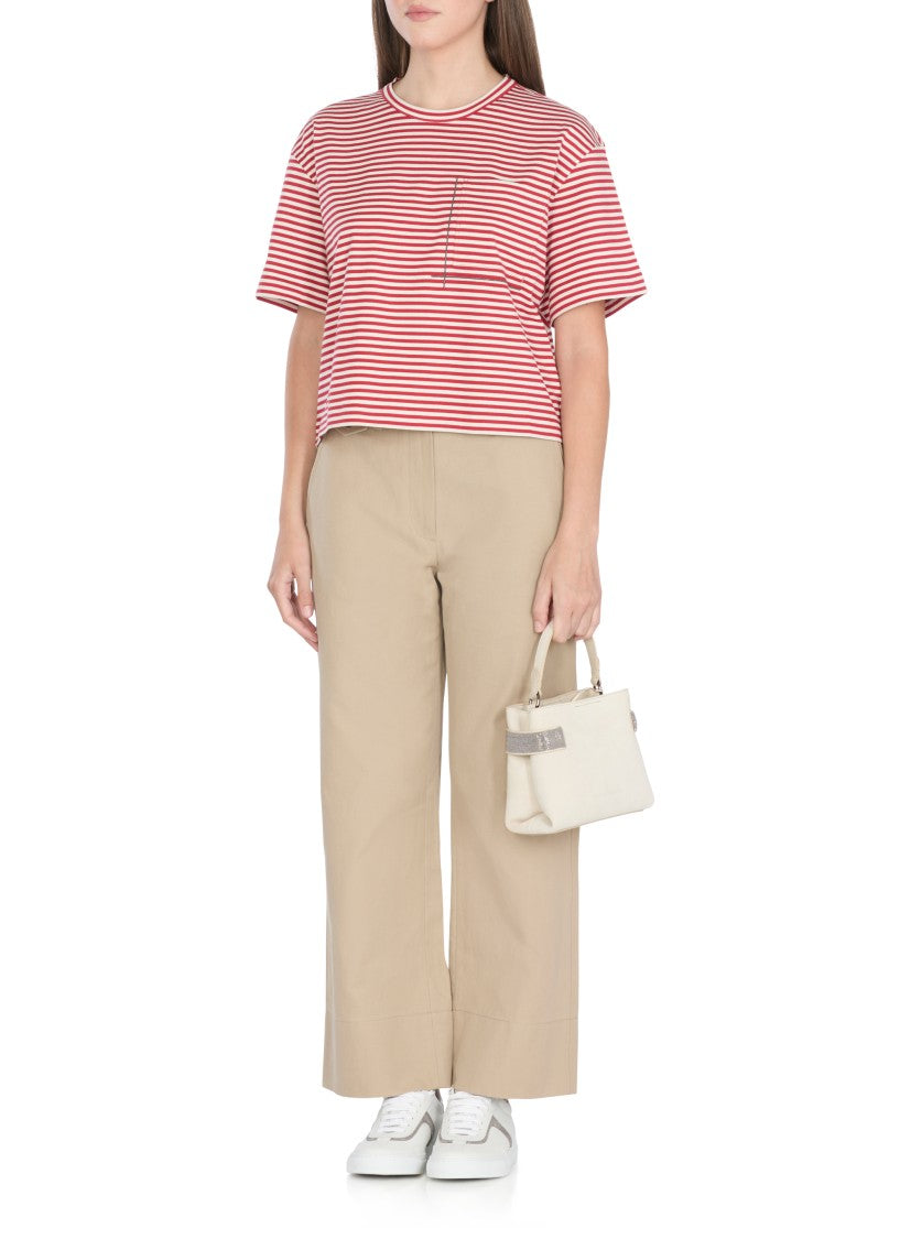 Brunello Cucinelli Pocket Detail Cropped T-Shirt With Contrasting Stripes