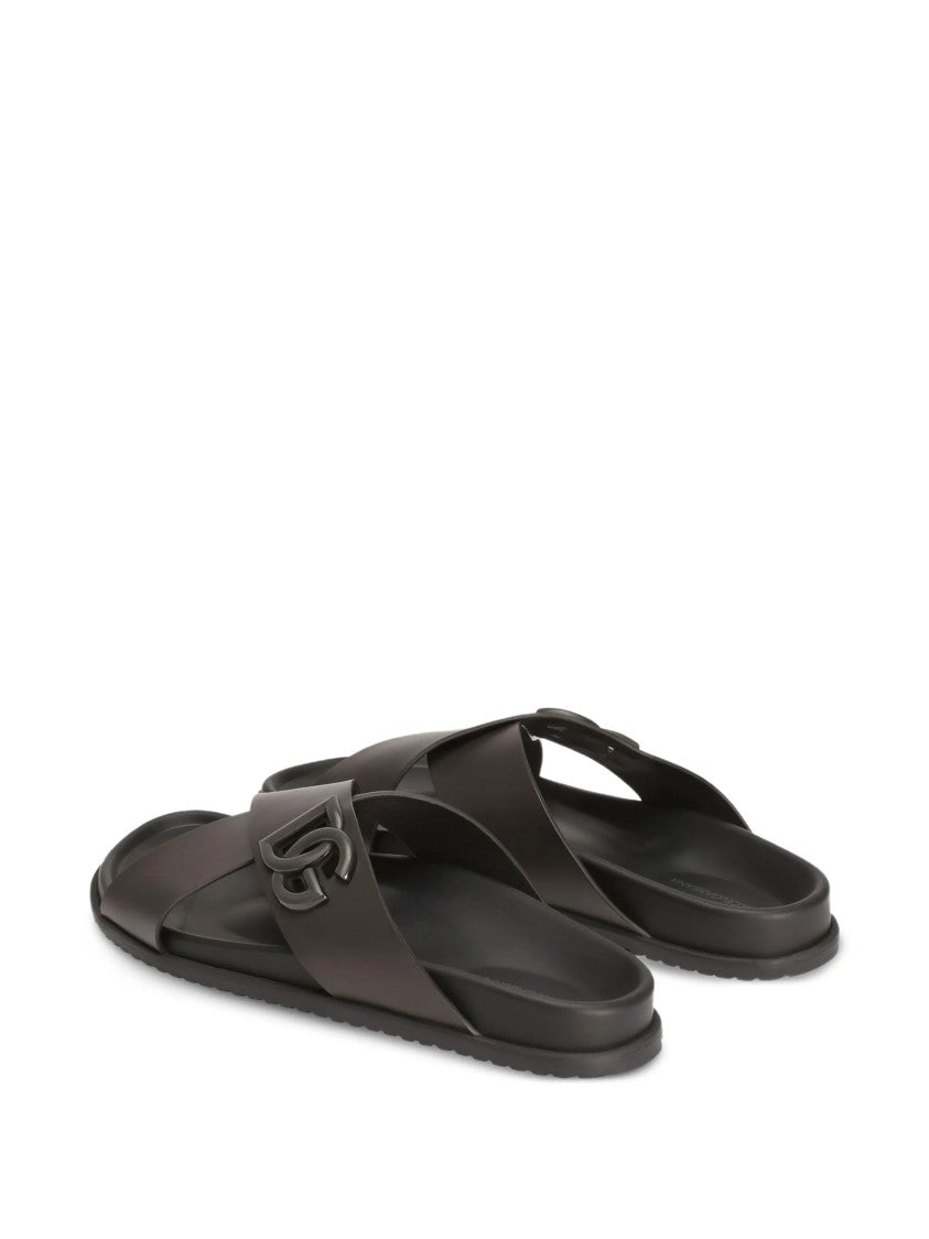 Dolce & Gabbana Brown Leather Interlocking Logo Slide Sandals