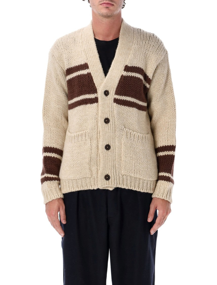 Universal Works Chunky Knit Cardigan With Contrasting Stripes And Heritage Aesthetic