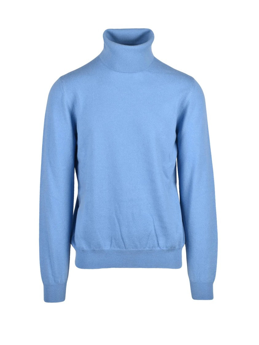 Alpha Studio Light Blue Cashmere Turtleneck Sweater With Ribbed Details