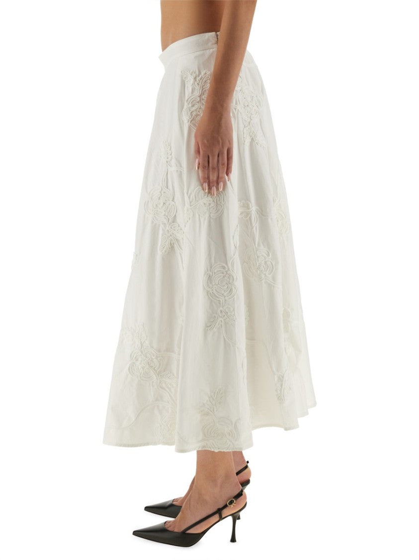 Rotate Birger Christensen Floral Embroidered A-Line Midi Skirt In Organic Cotton