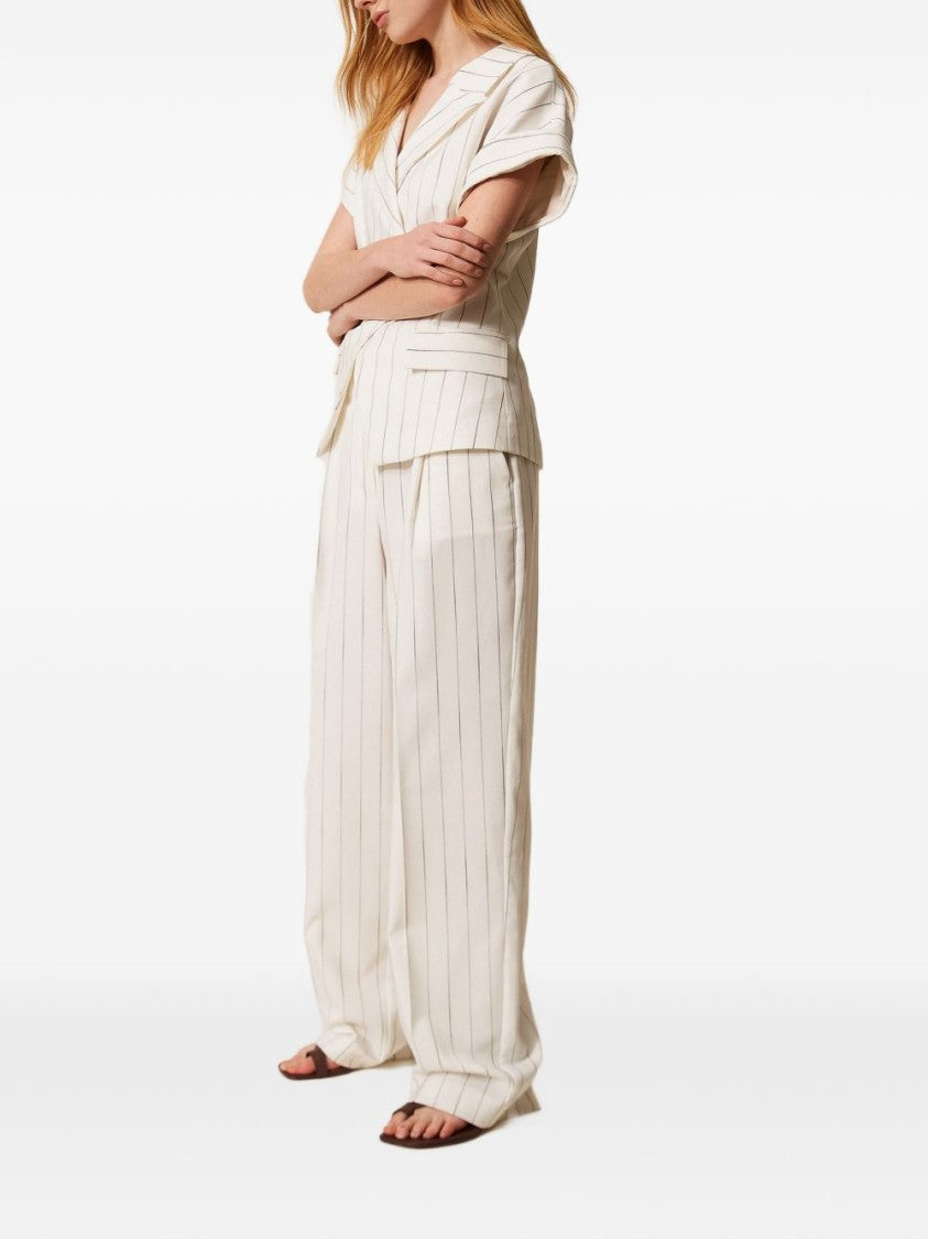 Twin-Set Off-White Pinstripe Palazzo Wide-Leg Pants