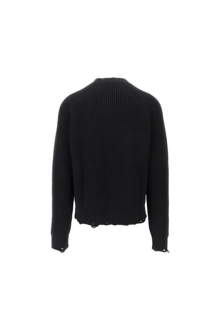 Dsquared2 Black Wool Waffle-Knit Distressed Sweater