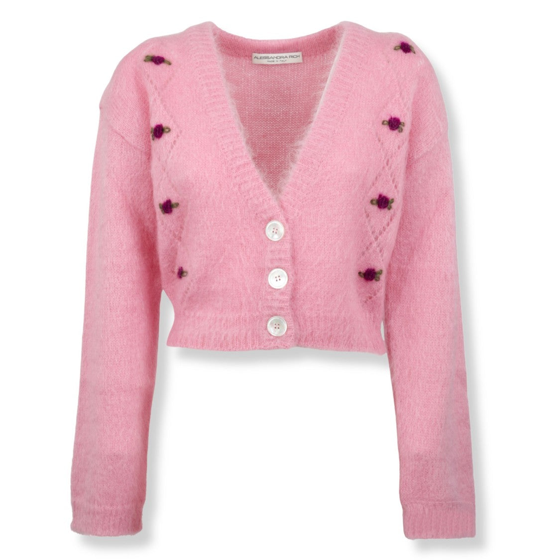 Alessandra Rich Carded Mohair Knit Cardigan With Intricate Embroidery