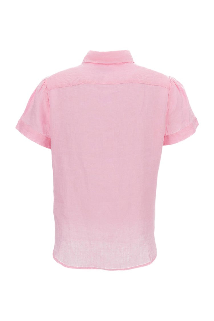 Polo Ralph Lauren Cropped Pink Linen Shirt With Front Button Fastening