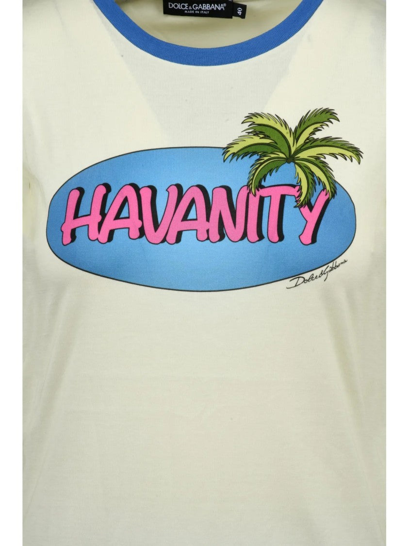Dolce & Gabbana Cream Graphic Design Cotton T-Shirt