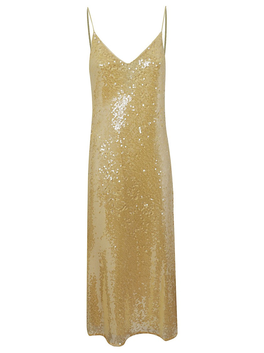 Lauren V-Neck Lemon Sorbet Midi Dress With Sequined Finish