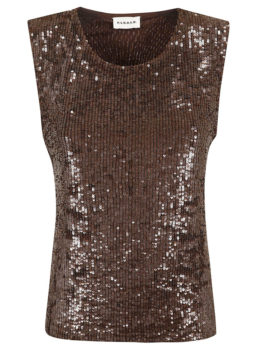 Parosh Sequined Sleeveless Top With Classic Crew Neck