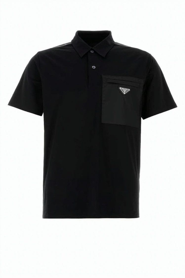 Prada High Collar Black Waxed Fabric Polo Shirt