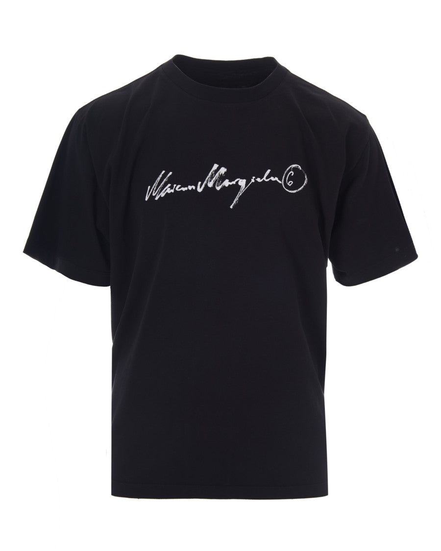 Mm6 By Maison Margiela Black T-Shirt With Painted Logo And Ribbed Neckline