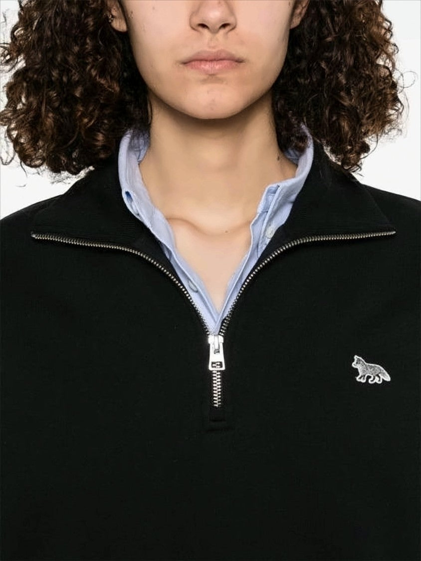 Maison Kitsuné Half-Zip Black Pullover With High Collar And Ribbed Details