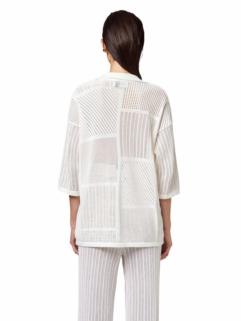 Alpha Studio Openwork 3/4 Sleeves Cotton-Blend Bowling Shirt