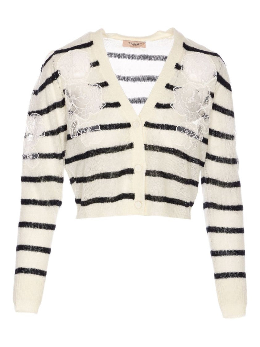 Twin-Set V-Neck Sweater With Floral-Lace Embellishment