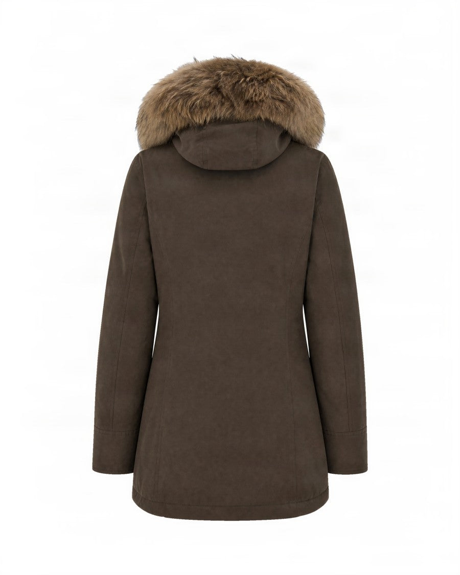 Woolrich Brown Parka With Plush Fur-Trimmed Hood And Zip Closure